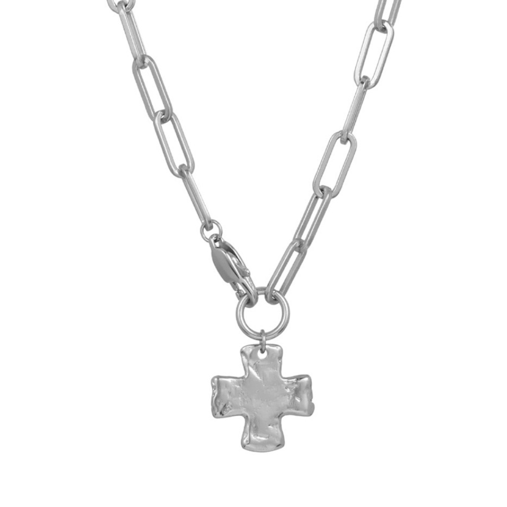 James Michelle Silver 18” Paperclip Necklace w/ Chunky Hammered Cross Pendant